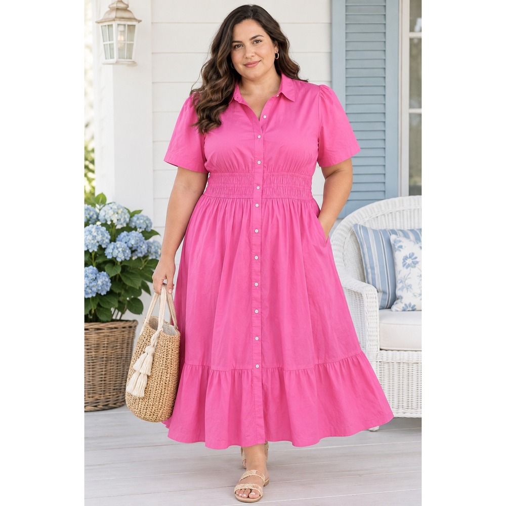 Talbots Poplin Flounce Shirtdress Size 18 Pink Smocked Waist Cottagecore Coastal